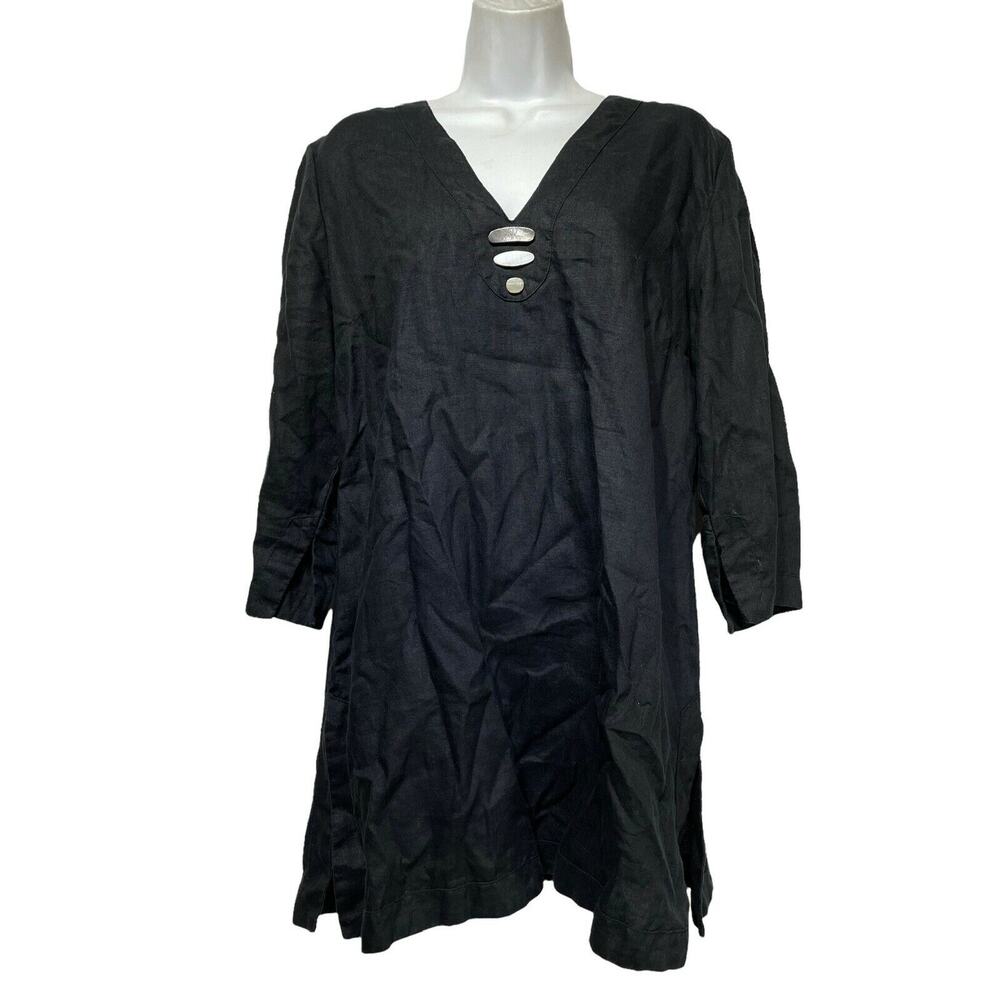 grace elements black linen beaded long sleeve tunic Top Size 14
